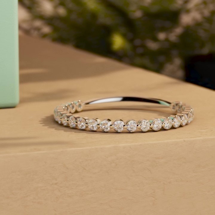 Floating Lab Grown Diamond wedding band, Half\Full eternity Distance wedding ring, Bubble stackable minimalist dainty ring, Wedding band