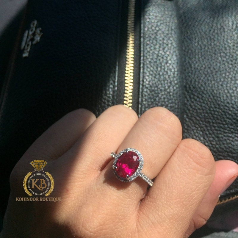 Lab grown Oval Rose Cut Ruby & Round Moissanite halo with side pave Engagement Ring, Rings for women.