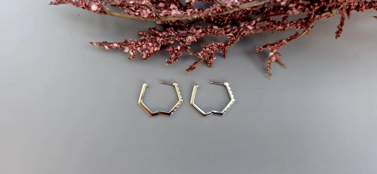 Pavé Hexagon Moissanite Hoops earrings, Statement earrings available in Silver, 18k\14k\10k White\Yellow\Rose Gold and Platinum