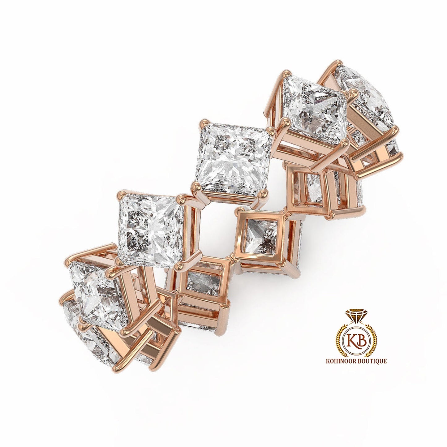 East West Kite Set Princess Cut Moissanite Diamond Half\Full Eternity wedding band, Bridal stackable ring in White\Yellow\Rose Gold