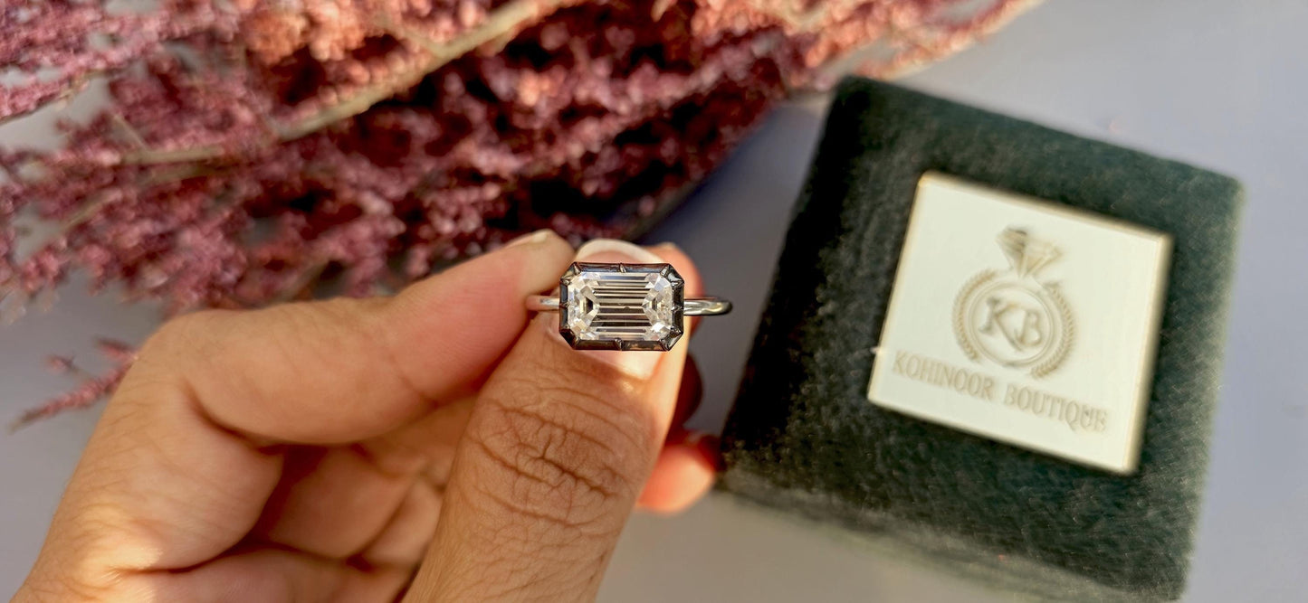 Lab grown East West set Elongated Emerald Cut Georgian cut down button back solitaire engagement ring, ring for her, ring for women