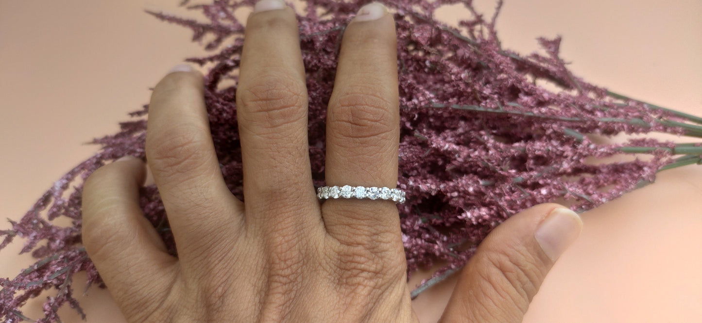 Ready to ship 3 mm Classic Round Cut Moissanite eternity band in silver Size US 6