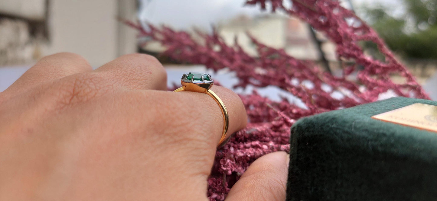 Lab Emerald Heart Cut Georgian cut down button back solitaire engagement ring, ring for her, ring for women, blackened gold stackable ring.