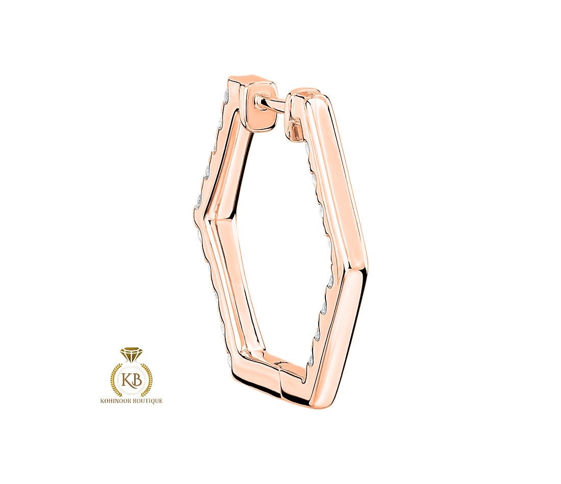 Pave Moissanite Inside Out Hexagon Hoops Geometric Huggie available in Silver, 18k\14k\10k White\Yellow\Rose Gold and Platinum