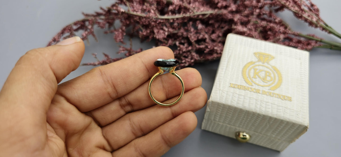 Natural Aquamarine ring with black enamel, Ring for her, party wear ring, statement ring, right hand ring, gift for mother, ring for her