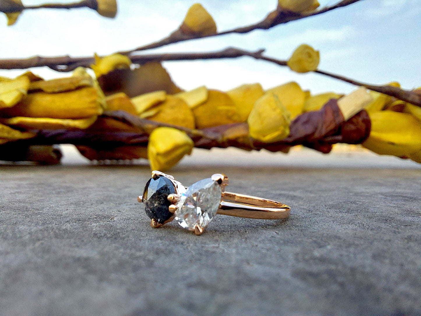 Toi et Moi Salt and Pepper with Moissanite with Pear diamond two stone Engagement ring,Can be ized in any shape & size,Celebrity 2022 trend