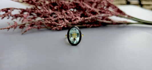 Natural Aquamarine ring with black enamel, Ring for her, party wear ring, statement ring, right hand ring, gift for mother, ring for her