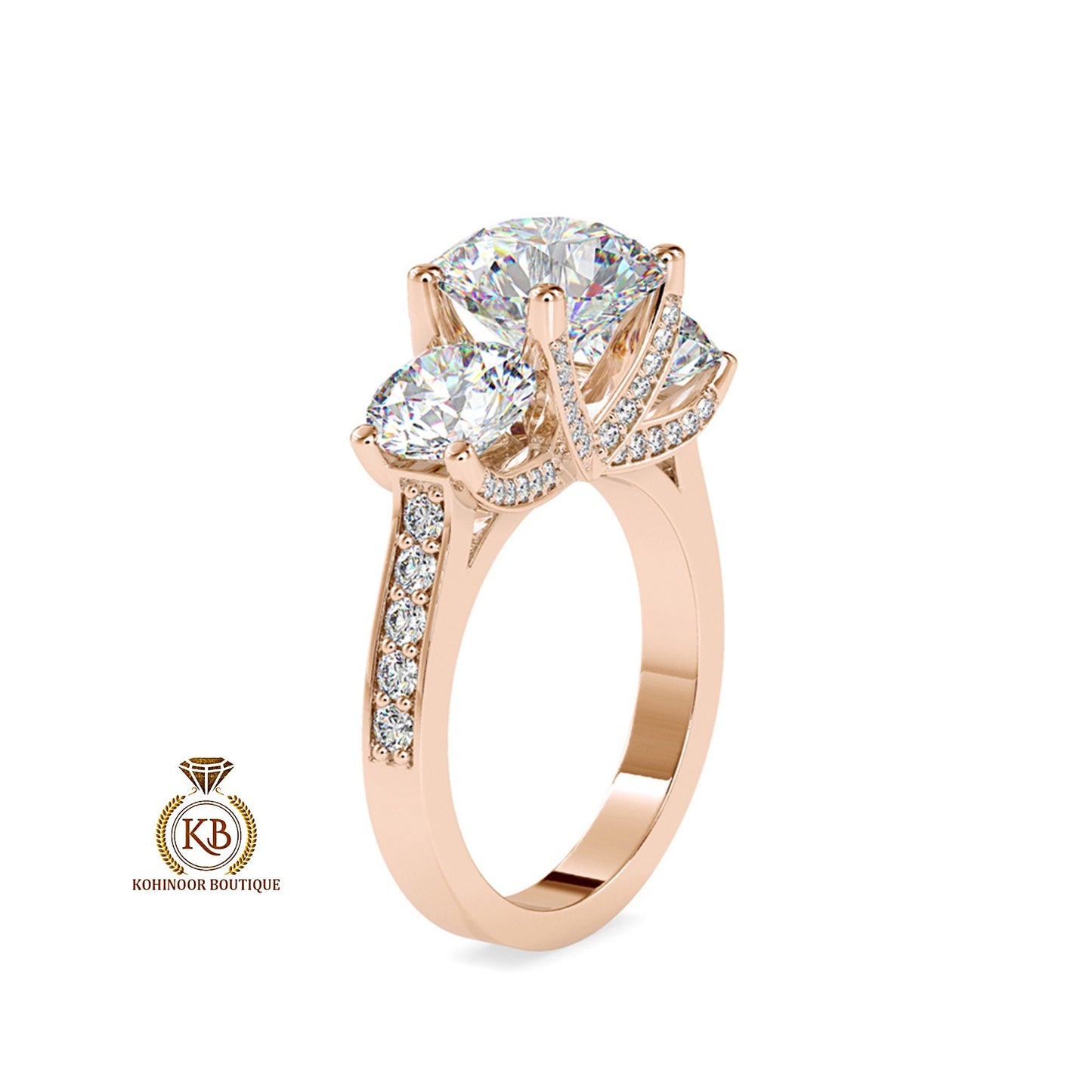 Round Cut 3 stone trellis set with side and front pave Moissanite Engagement ring, ring for women, high profile cathedral set ring