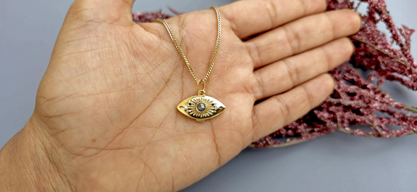 Evil eye pendant, Salt and pepper with lab grown diamond Third Eye talisman charm locket, anniversary birthday gift pendant for women, wife