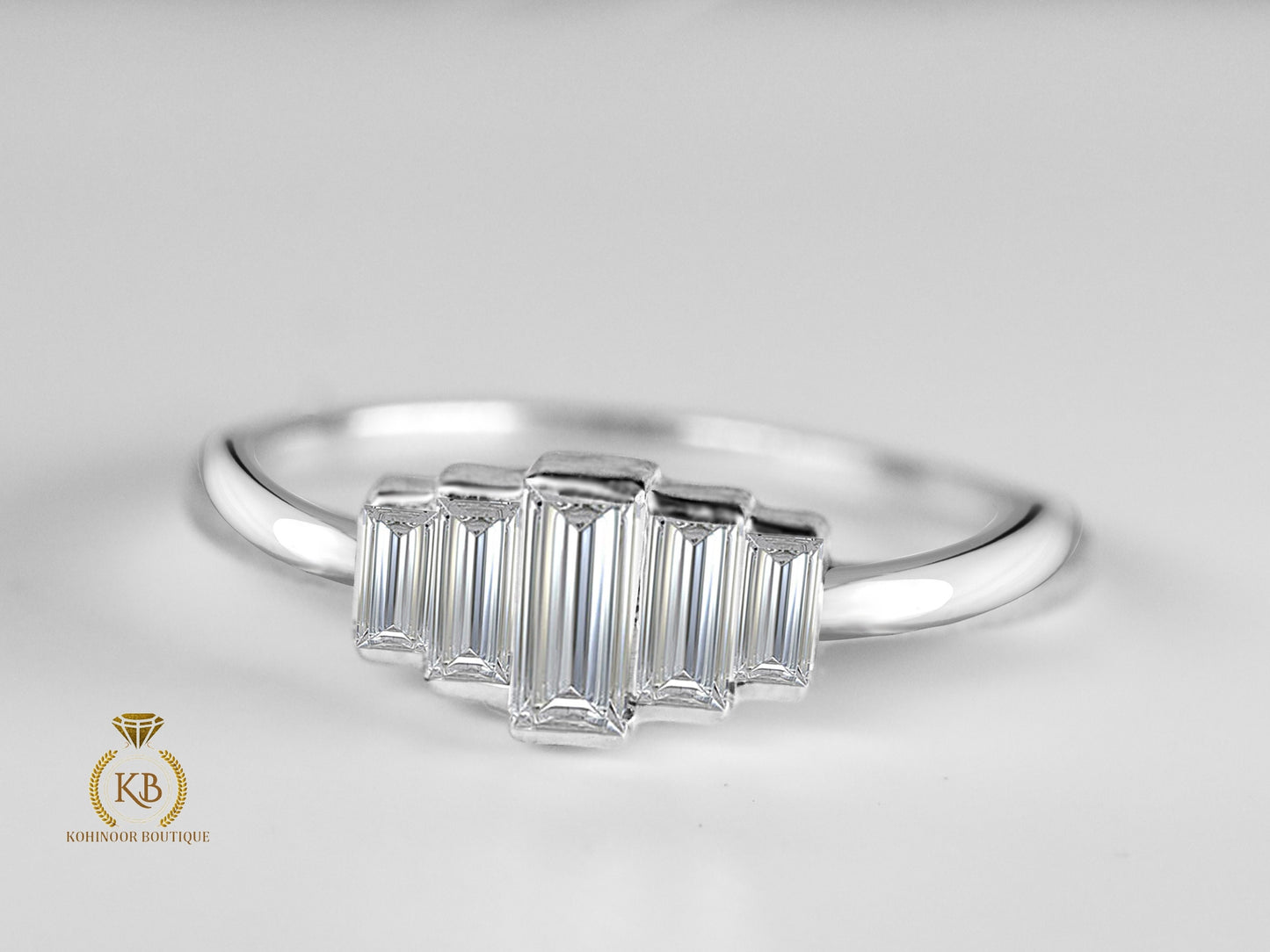5 Graduating half bezel set Baguette Moissanite anniversary ring, 5 stone engagement ring, ring for her, gift for women.