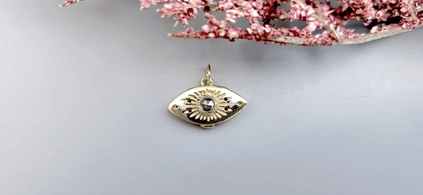 Evil eye pendant, Salt and pepper with lab grown diamond Third Eye talisman charm locket, anniversary birthday gift pendant for women, wife