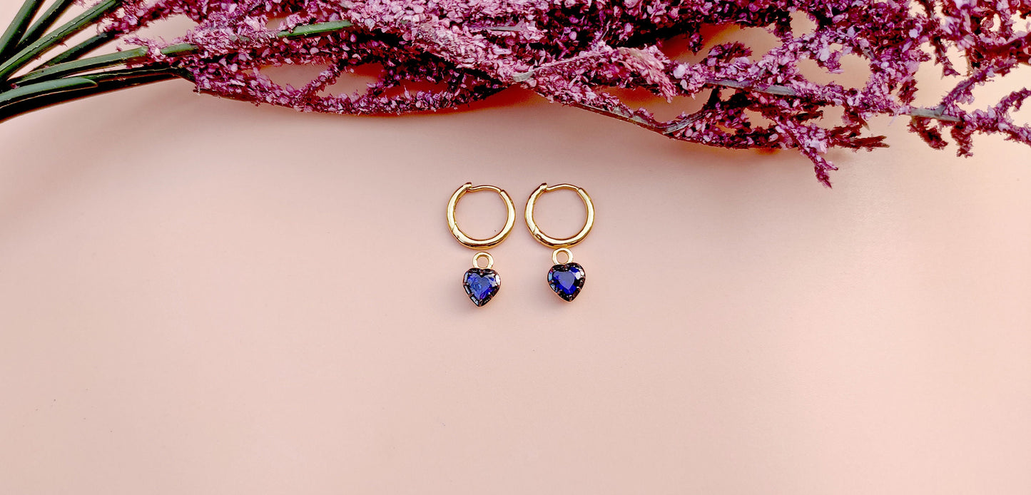 Heart Shaped Lab Blue sapphire button back Georgian cut down removable Gypset, sapphire Hoops, statement earring, blackened gold earrings.