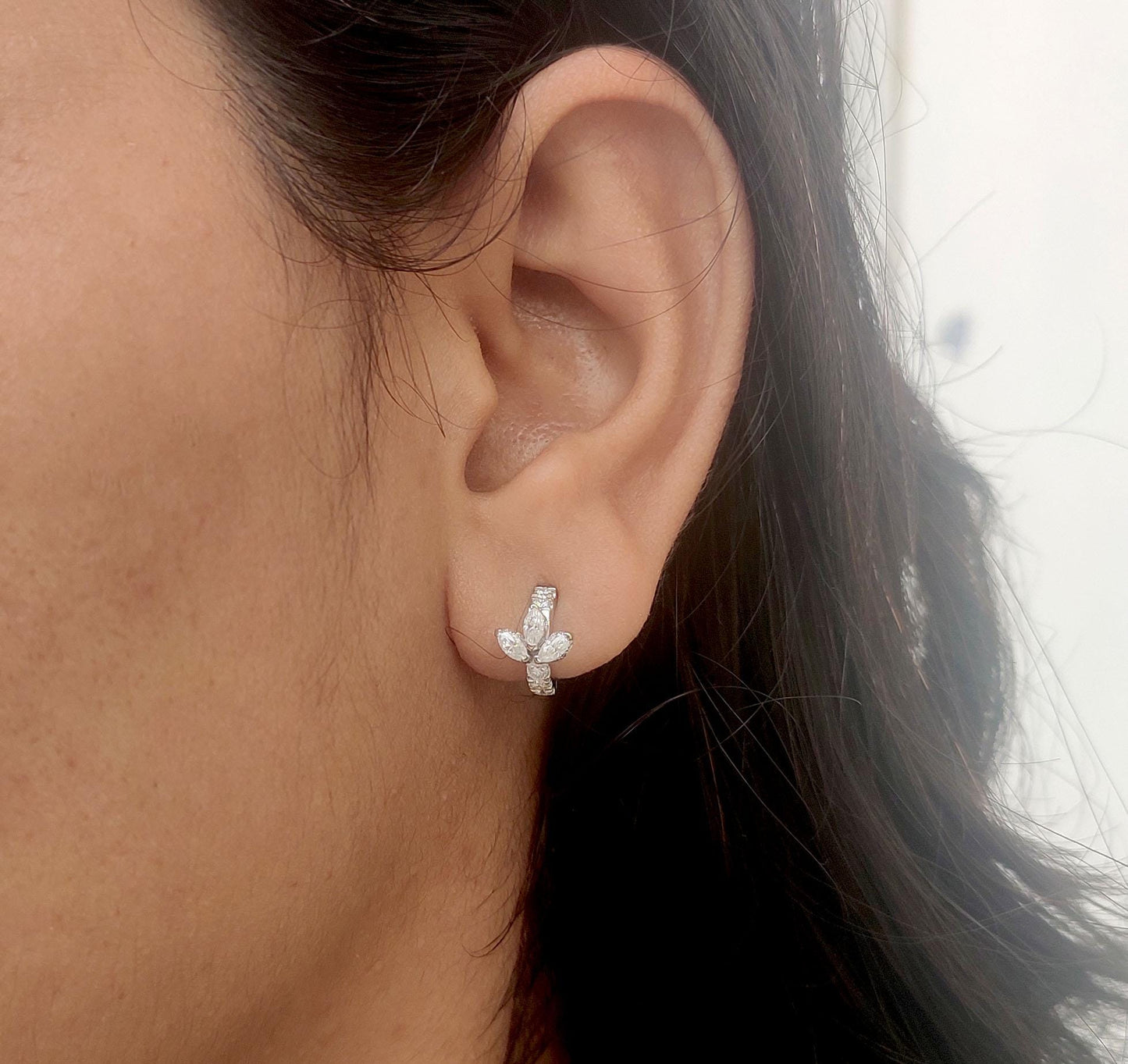 Ready to dispatch Marquise Moissanite Huggies, hoops, delicate everyday earrings for her available in 10k white gold