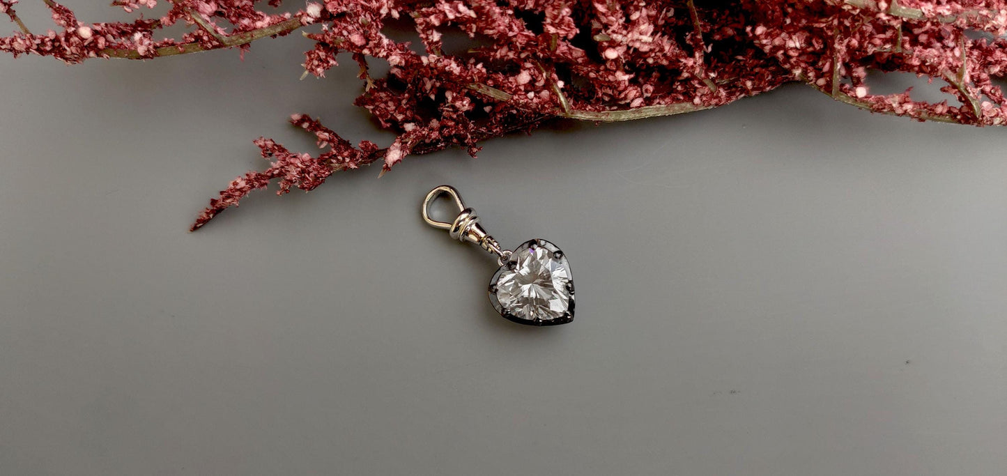 Heart Cut Moissanite Collet set Georgian cut down set Blackened gold Swivel Clasp Pendant,without chain,available in 5mm, 6mm, 7mm, 8mm, 9mm
