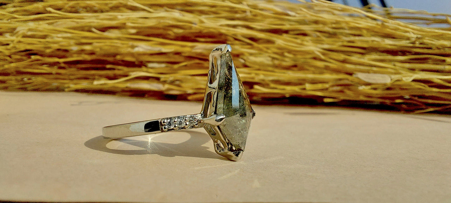 Kite Shield Cut Salt and Pepper with Moissanite side stone Engagement ring, Ring for her, Gift for her, Right hand ring