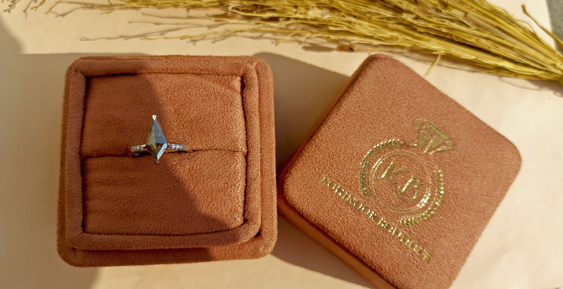 Kite Shield Cut Salt and Pepper with Moissanite side stone Engagement ring, Ring for her, Gift for her, Right hand ring