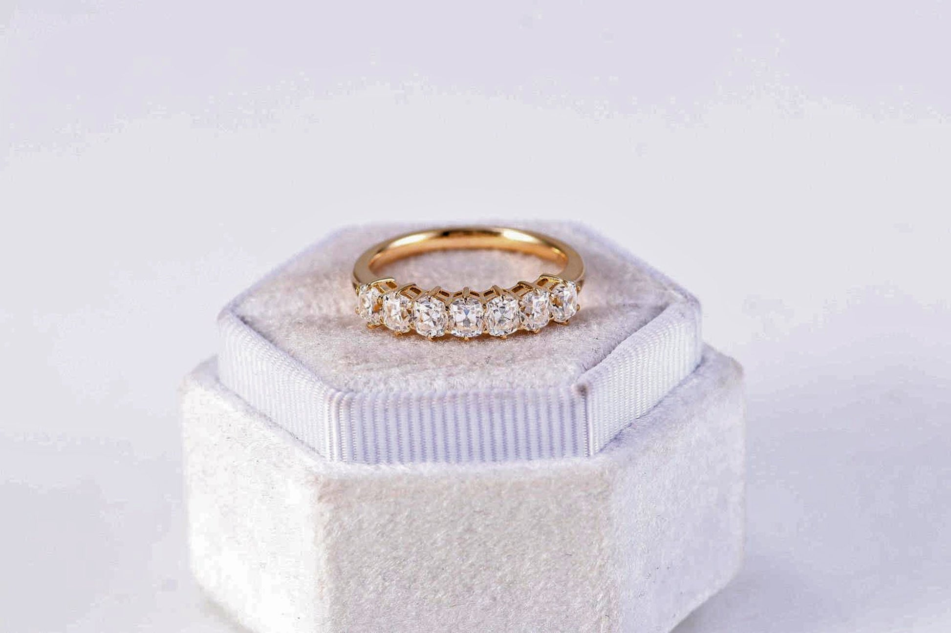 Old mine cut OMC 7 stone Cushion Cut Moissanite Wedding Band,Low profile split shank,available in S925 and 10K,14K and 18K Gold and Platinum