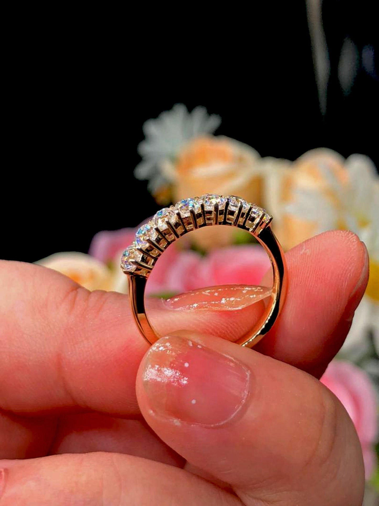 Old mine cut OMC 7 stone Cushion Cut Moissanite Wedding Band,Low profile split shank,available in S925 and 10K,14K and 18K Gold and Platinum