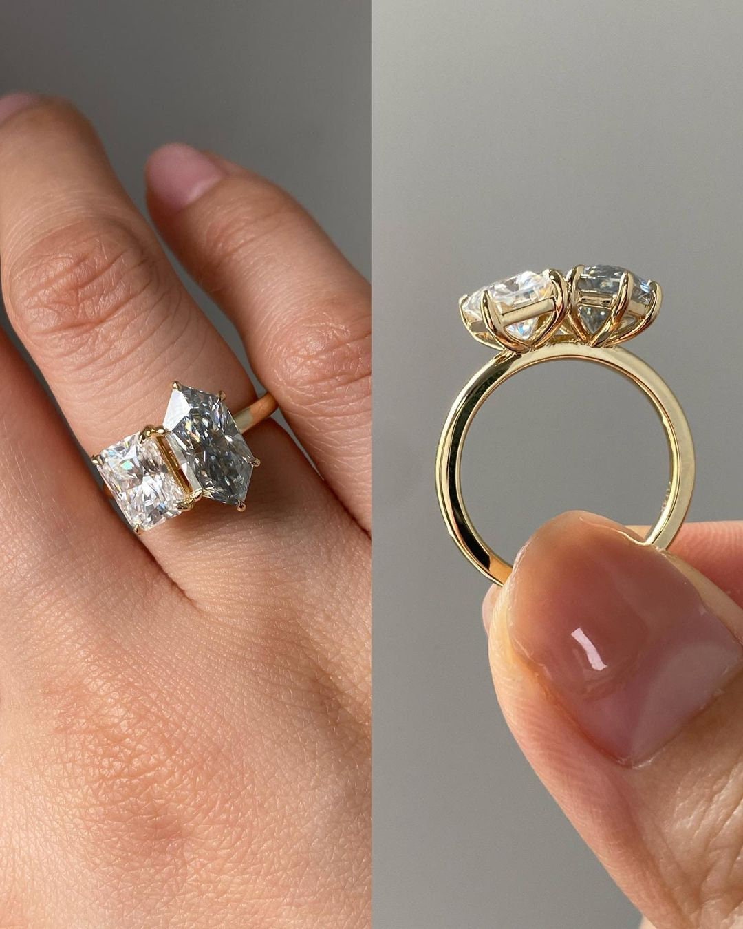 Grey Duchess Marquise and Radiant Cut moissanite Toi Et Moi two stone Engagement ring, in 925S,10k,14k,18k Gold and Platinum.