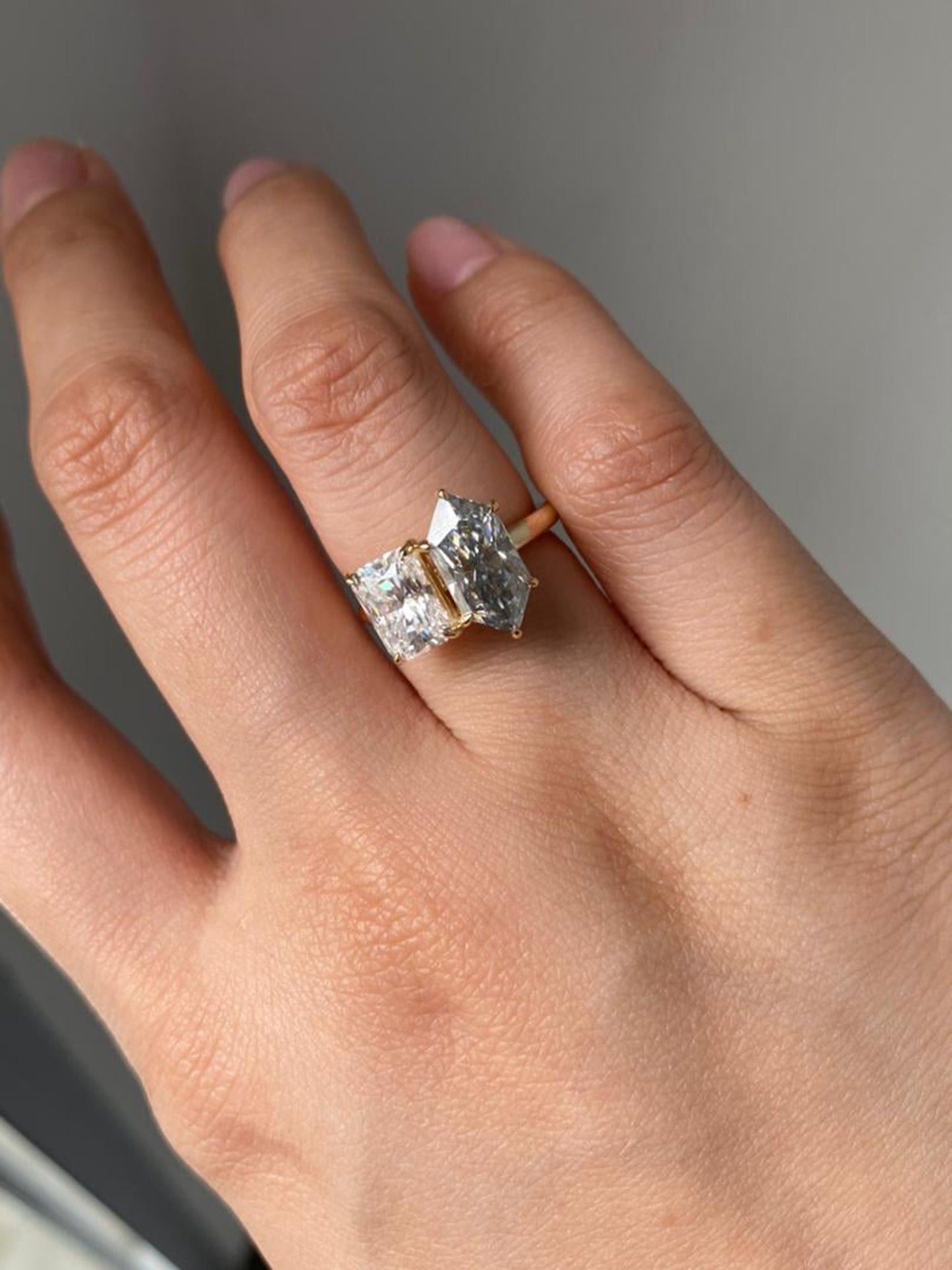 Grey Duchess Marquise and Radiant Cut moissanite Toi Et Moi two stone Engagement ring, in 925S,10k,14k,18k Gold and Platinum.