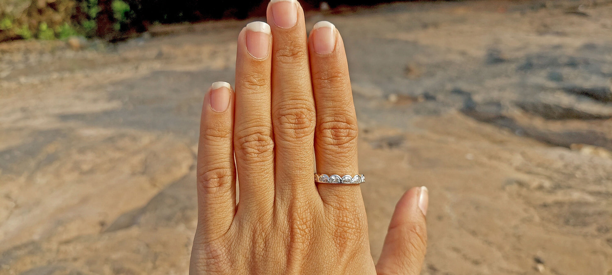 Half Moon Bezel Lace moissanite wedding band,Half eternity ring, Full eternity ring, stackable minimalist ring in White\Yellow\Rose Gold