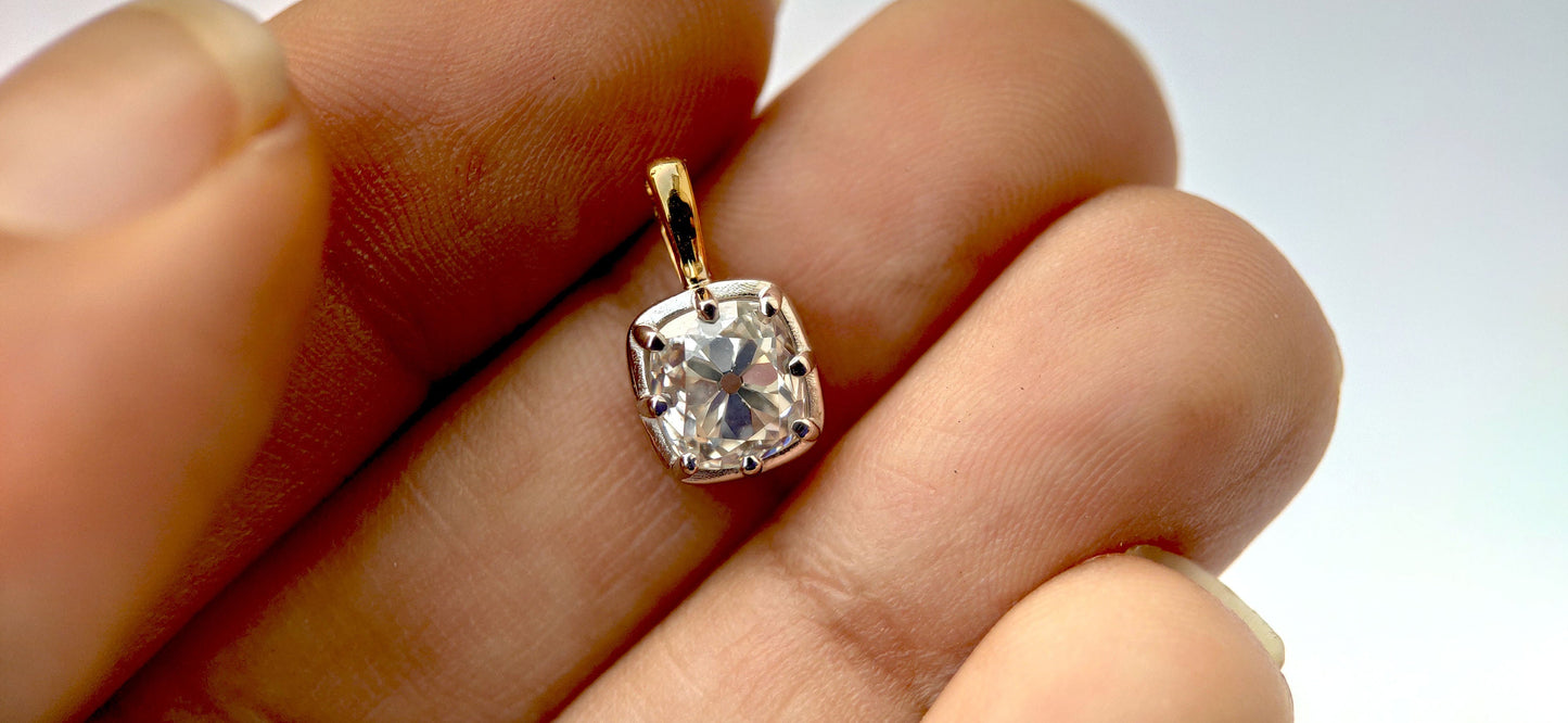 Elongated Old Mine Cut OMC Georgian Cut Down Moissanite Pendant, Vintage Edwardian Antique Pendant ,Wedding Pendant, without chain