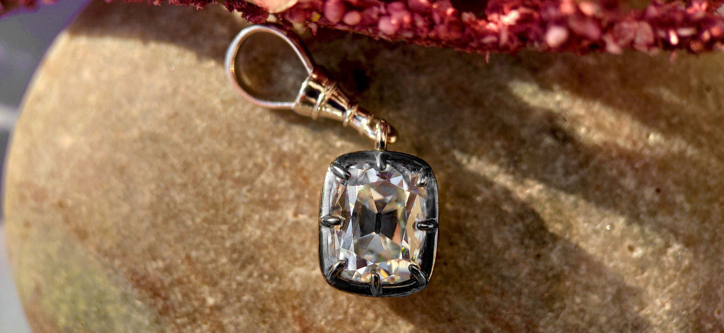 Elongated Old Mine Cut Cushion Cut Moissanite Pendant, Collet set Georgian cut down set Pendant without chain, Wedding Pendant