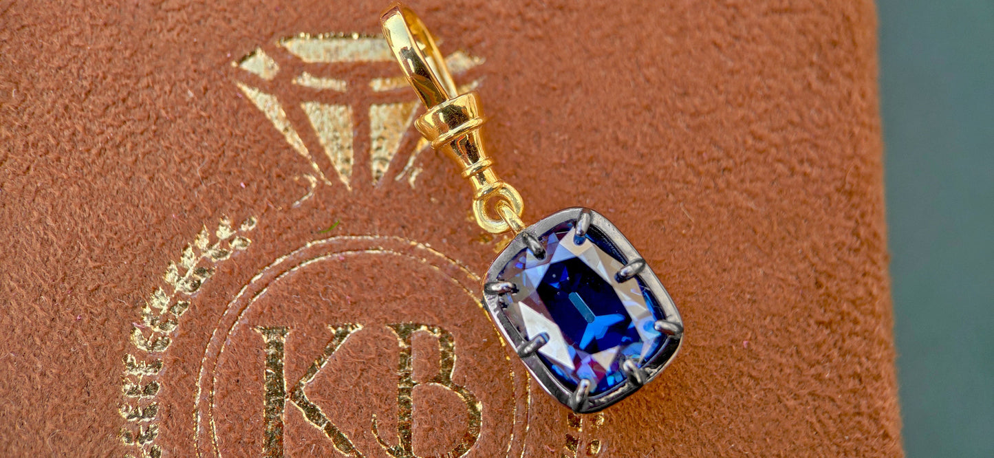 Elongated Cushion Cut Blue Moissanite Pendant, Collet set Georgian cut down set Pendant without chain, Blackened gold pendant