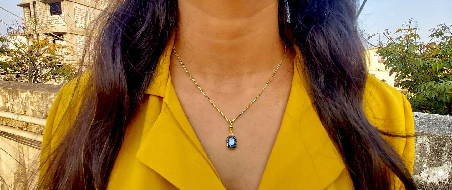Elongated Cushion Cut Blue Moissanite Pendant, Collet set Georgian cut down set Pendant without chain, Blackened gold pendant