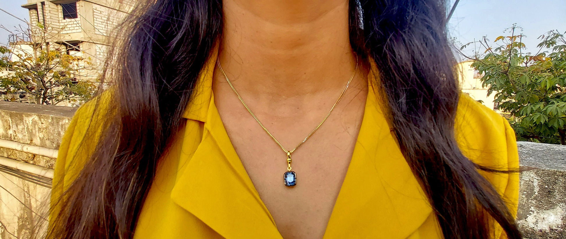 Elongated Cushion Cut Blue Moissanite Pendant, Collet set Georgian cut down set Pendant without chain, Blackened gold pendant