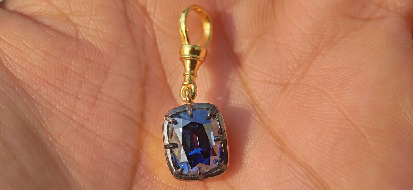 Elongated Cushion Cut Blue Moissanite Pendant, Collet set Georgian cut down set Pendant without chain, Blackened gold pendant