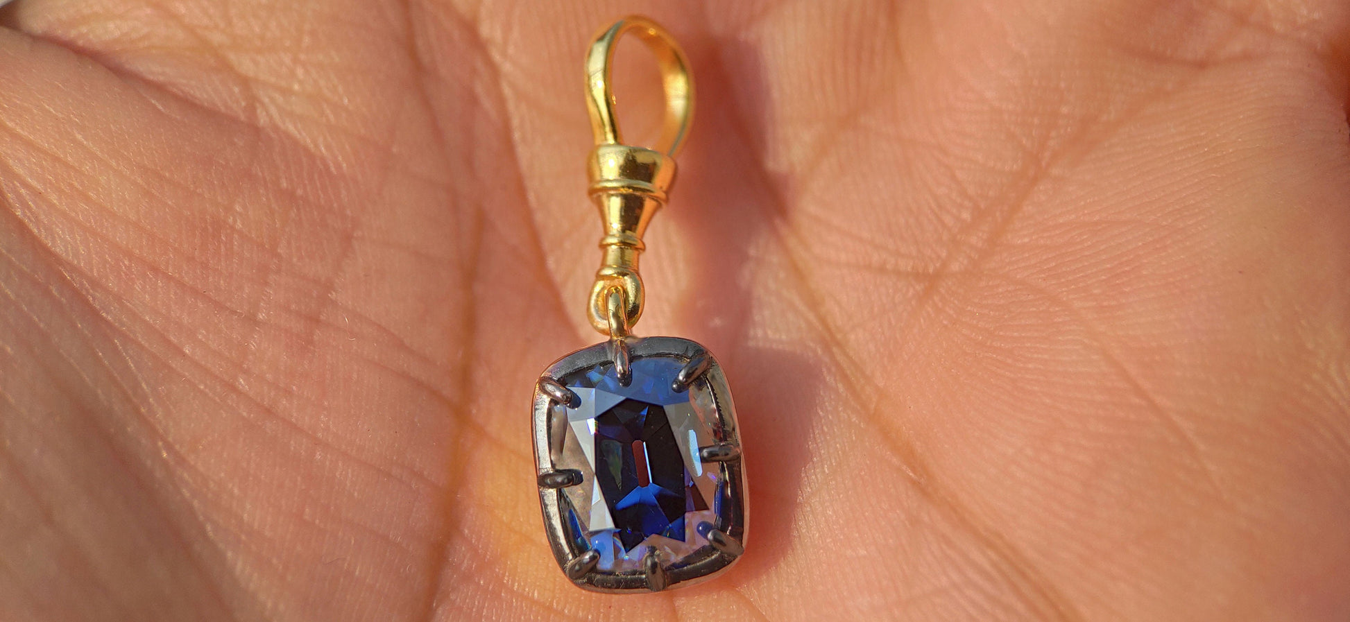 Elongated Cushion Cut Blue Moissanite Pendant, Collet set Georgian cut down set Pendant without chain, Blackened gold pendant