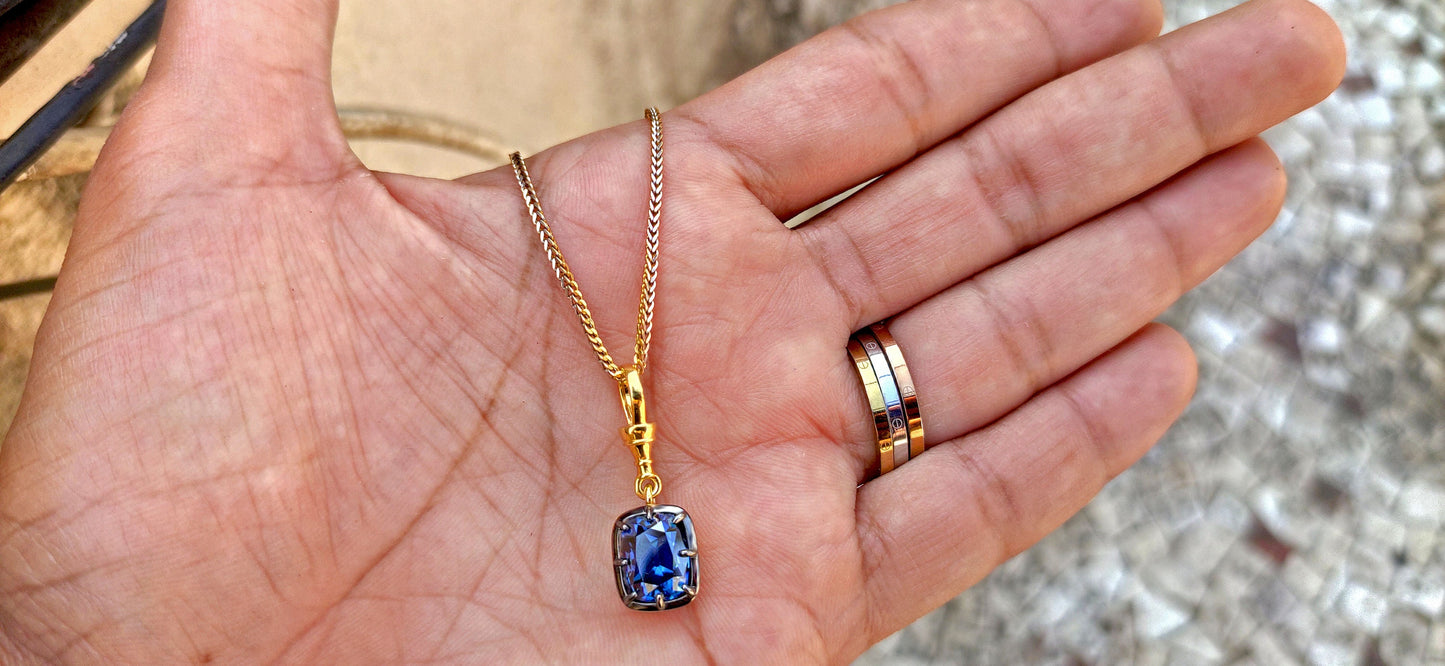 Elongated Cushion Cut Blue Moissanite Pendant, Collet set Georgian cut down set Pendant without chain, Blackened gold pendant