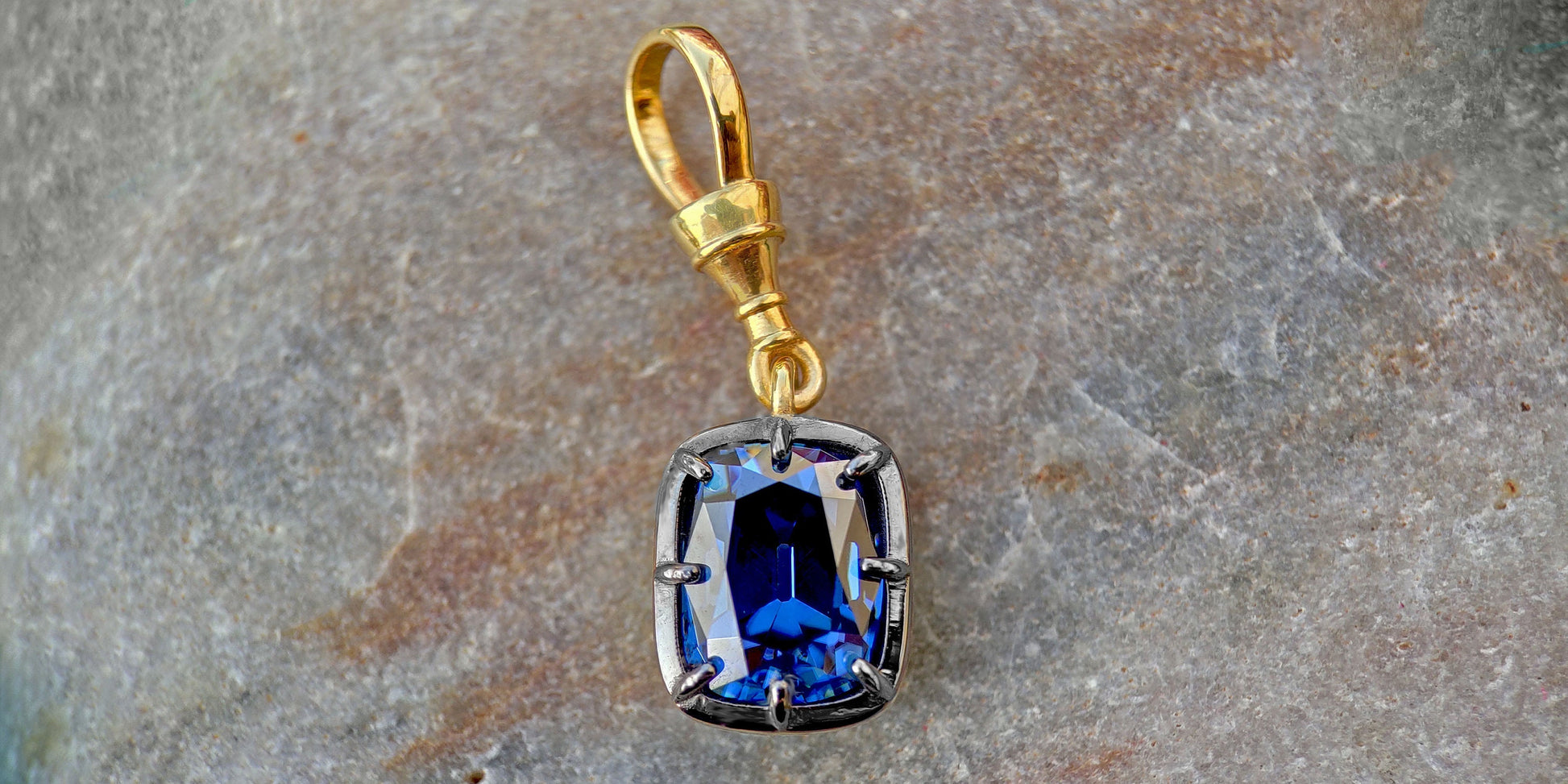 Elongated Cushion Cut Blue Moissanite Pendant, Collet set Georgian cut down set Pendant without chain, Blackened gold pendant