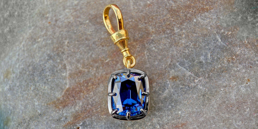 Elongated Cushion Cut Blue Moissanite Pendant, Collet set Georgian cut down set Pendant without chain, Blackened gold pendant