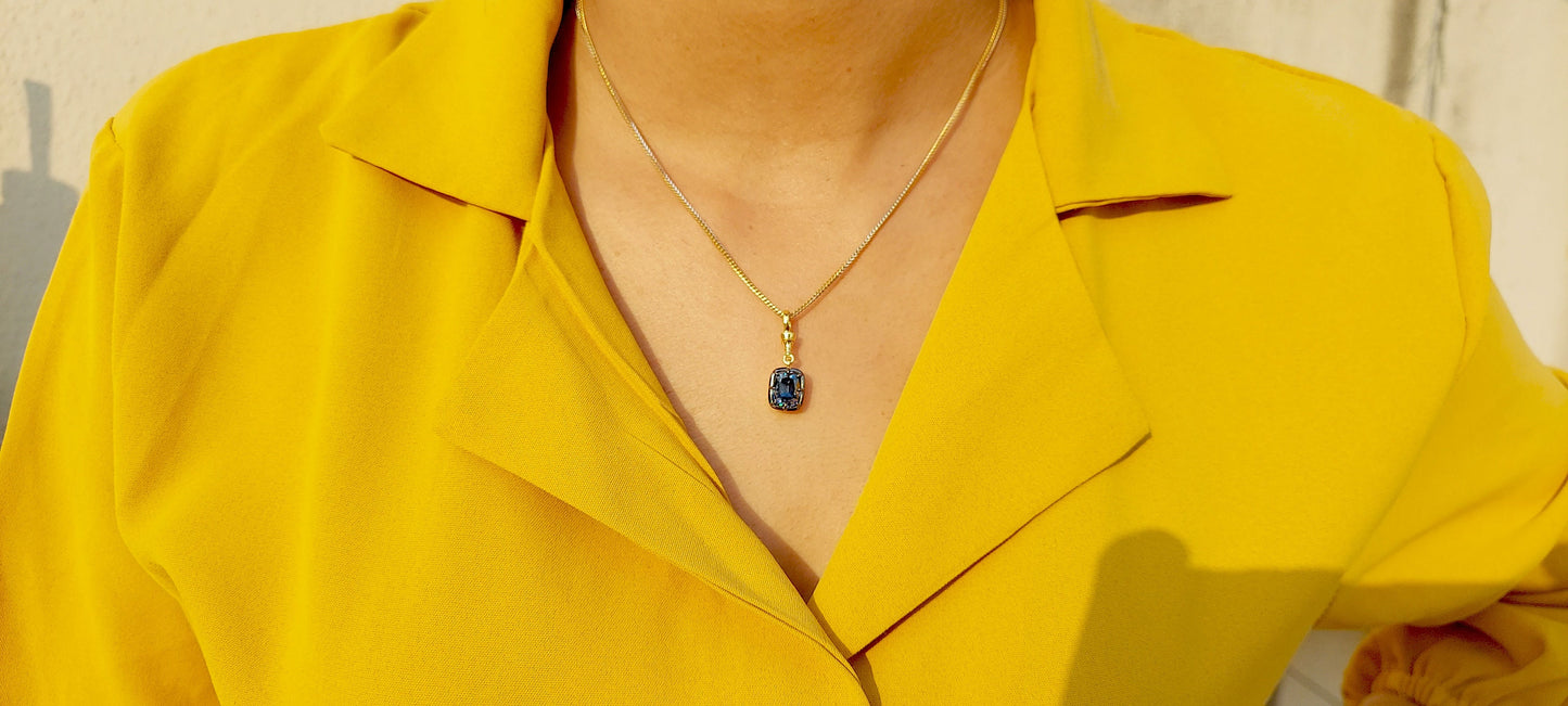Elongated Cushion Cut Blue Moissanite Pendant, Collet set Georgian cut down set Pendant without chain, Blackened gold pendant