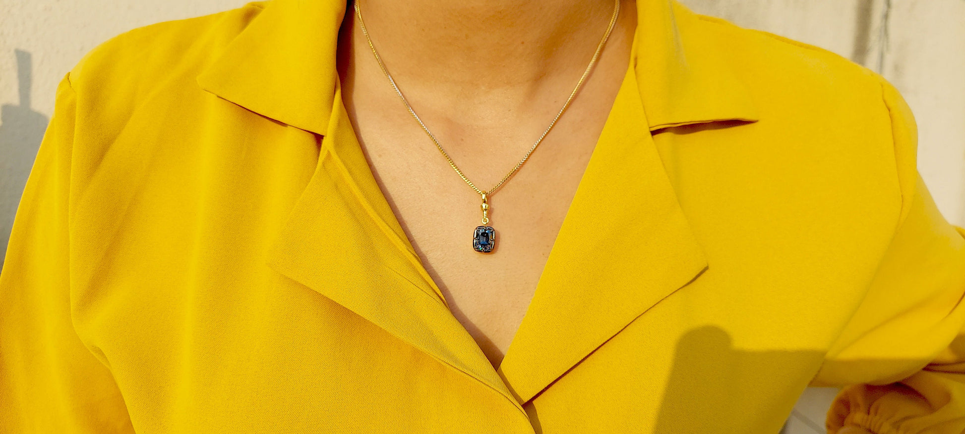 Elongated Cushion Cut Blue Moissanite Pendant, Collet set Georgian cut down set Pendant without chain, Blackened gold pendant
