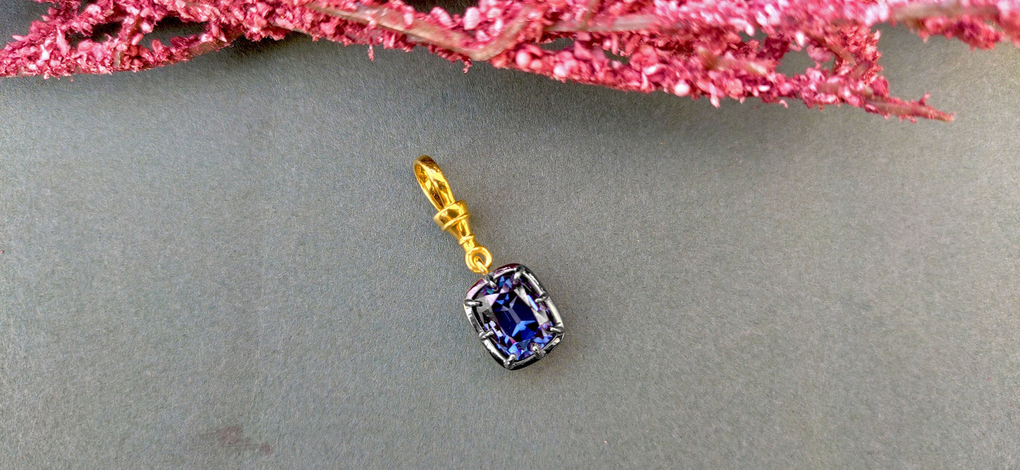 Elongated Cushion Cut Blue Moissanite Pendant, Collet set Georgian cut down set Pendant without chain, Blackened gold pendant