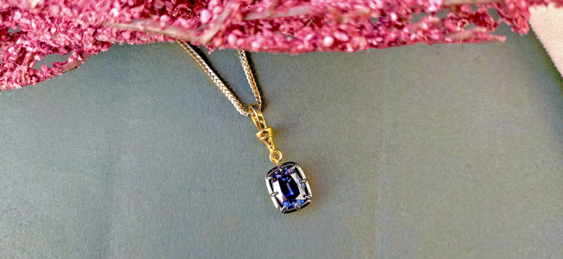 Elongated Cushion Cut Blue Moissanite Pendant, Collet set Georgian cut down set Pendant without chain, Blackened gold pendant