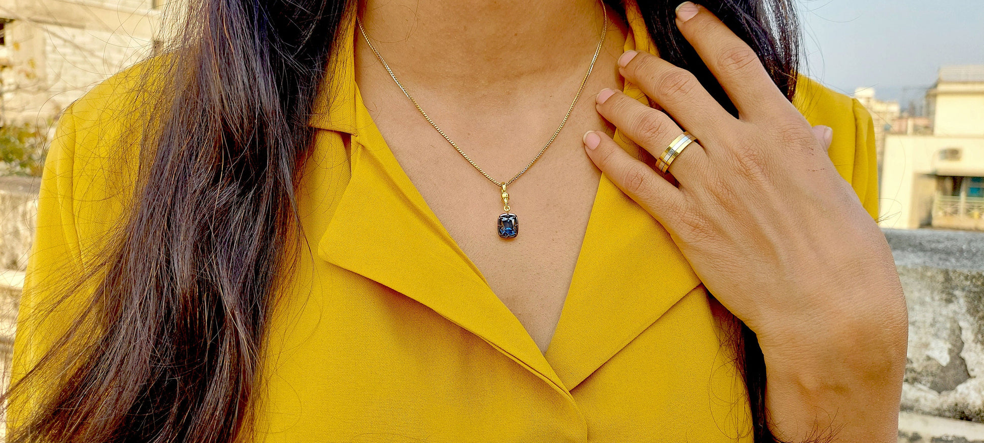 Elongated Cushion Cut Blue Moissanite Pendant, Collet set Georgian cut down set Pendant without chain, Blackened gold pendant