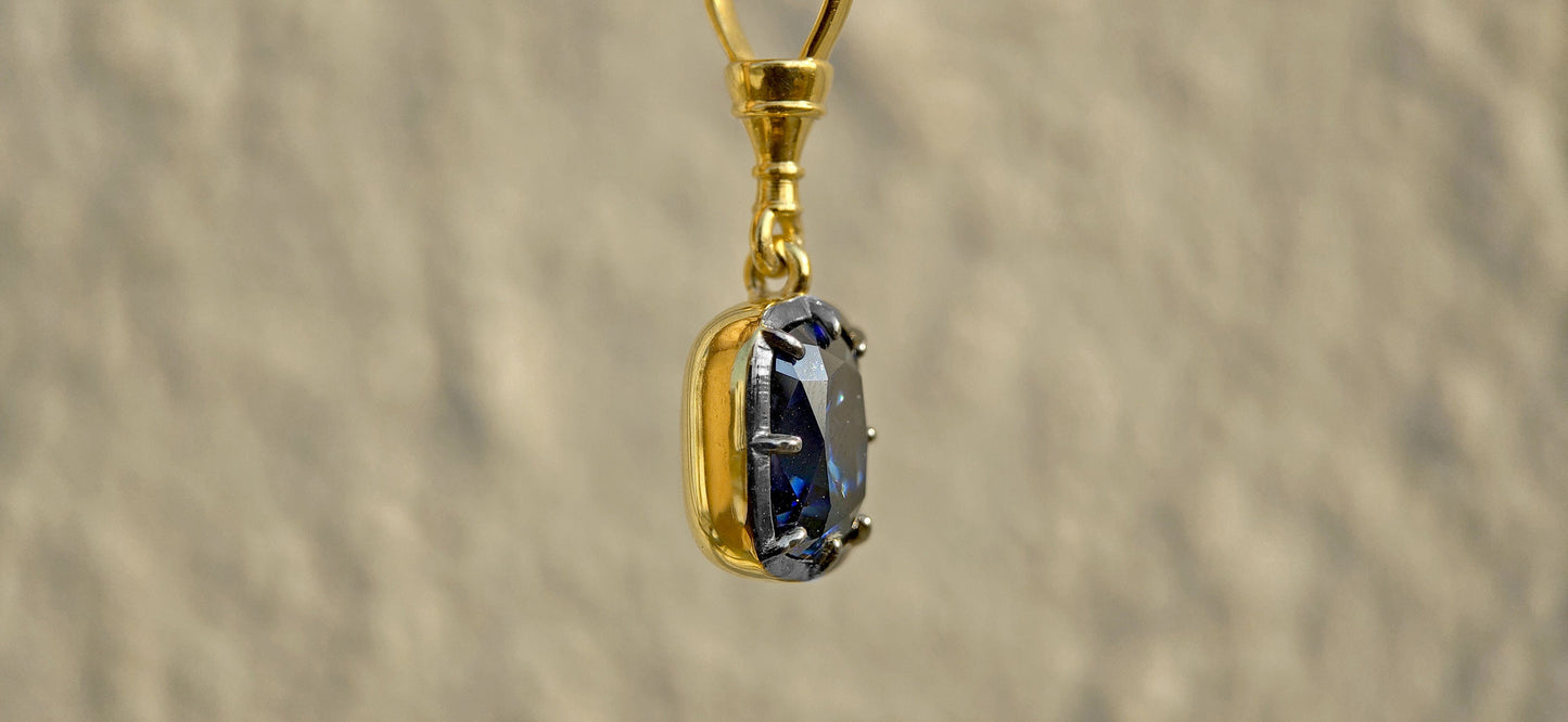 Elongated Cushion Cut Blue Moissanite Pendant, Collet set Georgian cut down set Pendant without chain, Blackened gold pendant