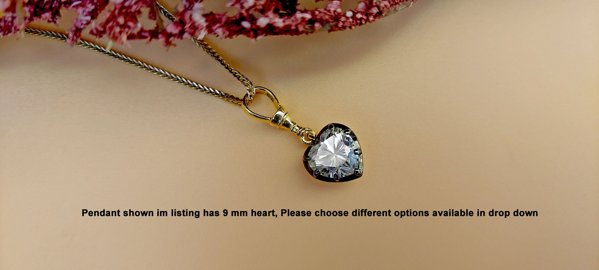 Heart Cut Moissanite Collet set Georgian cut down set Blackened gold Swivel Clasp Pendant,without chain,available in 5mm, 6mm, 7mm, 8mm, 9mm