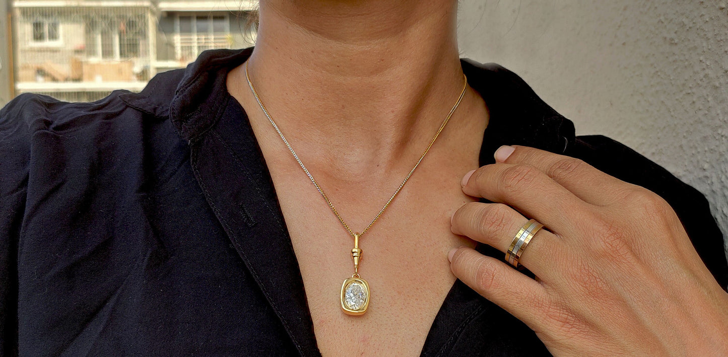 Oval Cut Moissanite Bezel Button back set Pendant with Swivel Clasp and without chain, statement pendant.