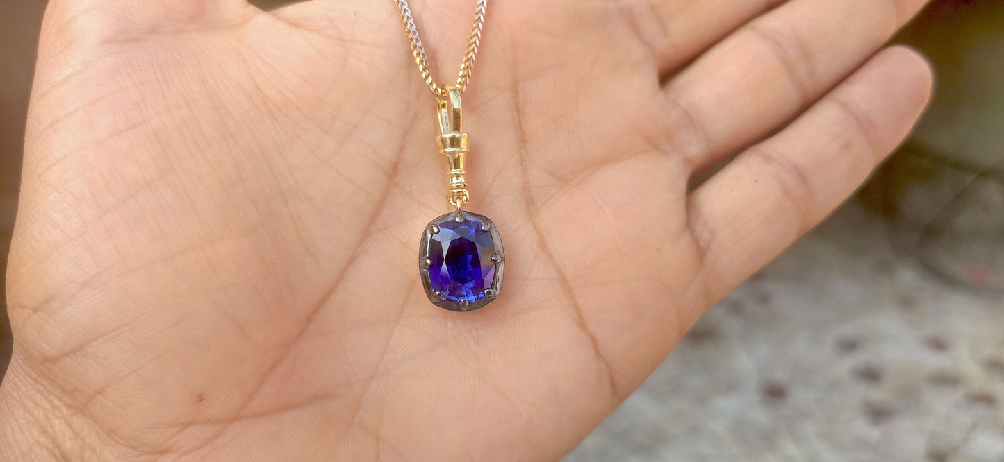 Elongated Cushion Cut Lab sapphire Pendant, Collet set Georgian cut down set Pendant without chain, Wedding Pendant, Anniversary Gift