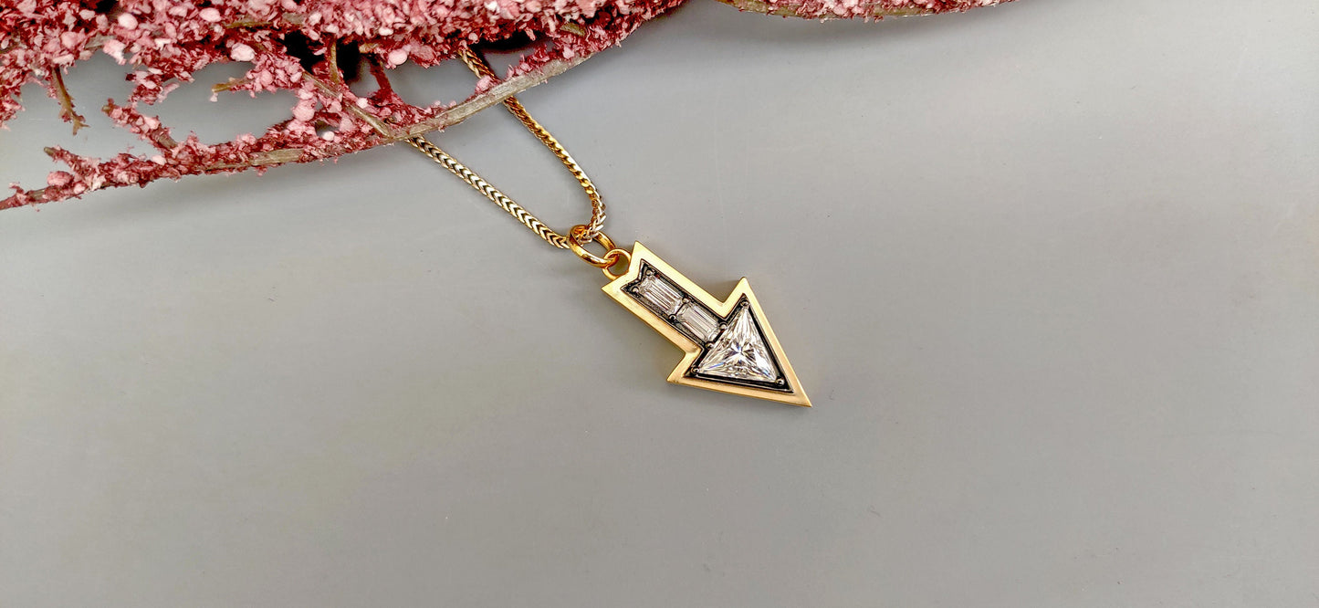 Arrow direction Triangle and baguette Cut Moissanite blackened gold Georgian Pendant without chain, Circa Vintage Arrow Talisman Pendant.
