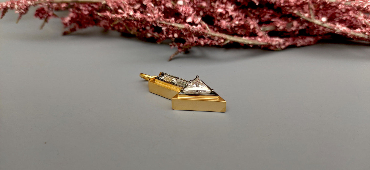 Arrow direction Triangle and baguette Cut Moissanite blackened gold Georgian Pendant without chain, Circa Vintage Arrow Talisman Pendant.