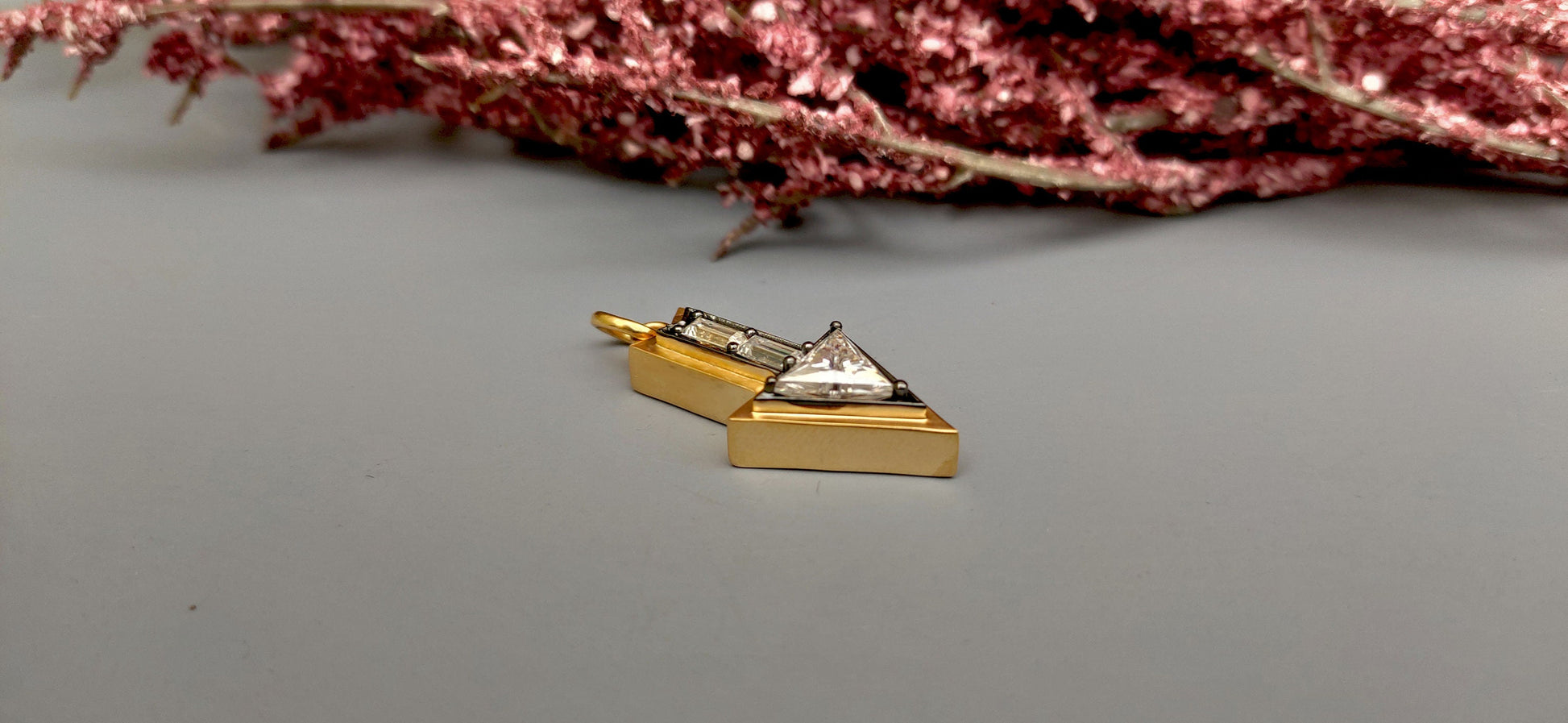 Arrow direction Triangle and baguette Cut Moissanite blackened gold Georgian Pendant without chain, Circa Vintage Arrow Talisman Pendant.