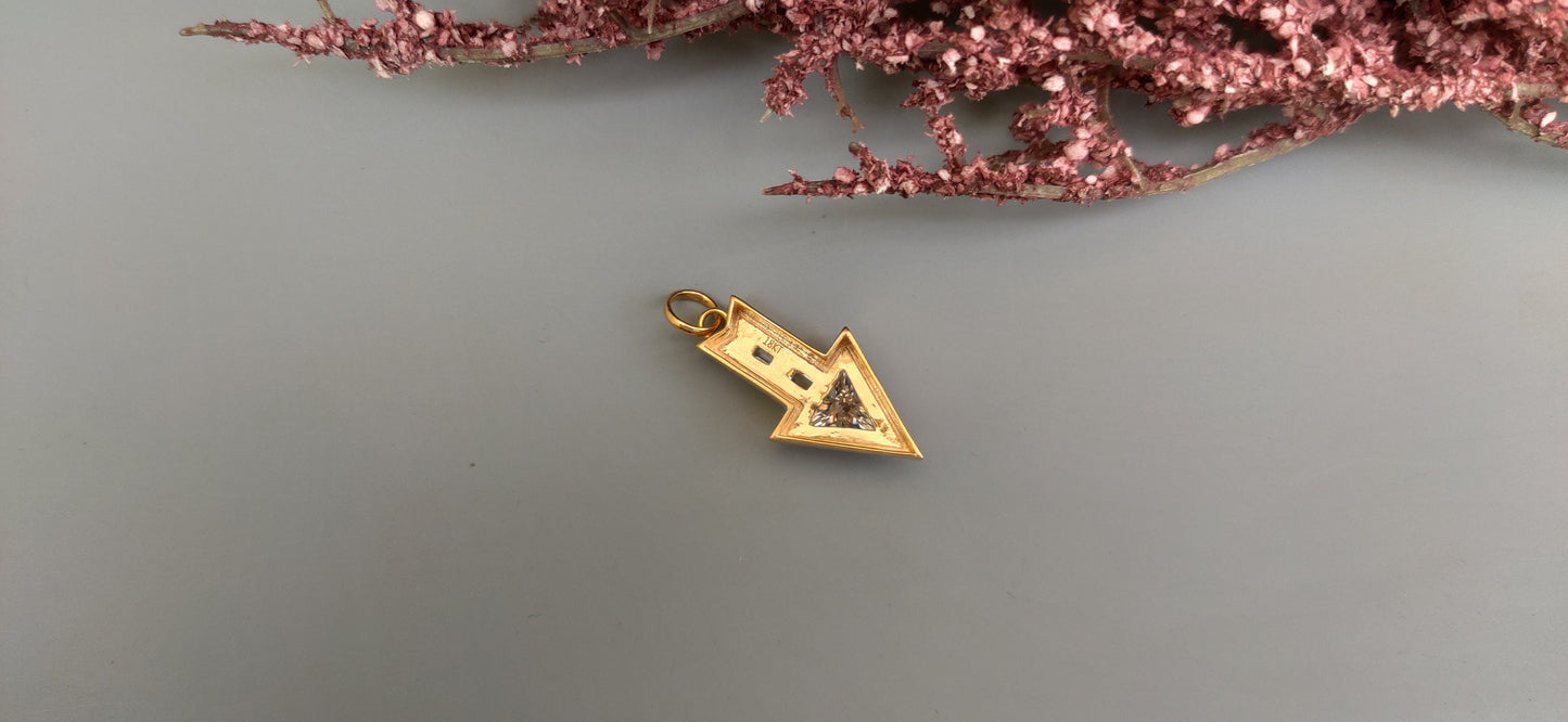 Arrow direction Triangle and baguette Cut Moissanite blackened gold Georgian Pendant without chain, Circa Vintage Arrow Talisman Pendant.
