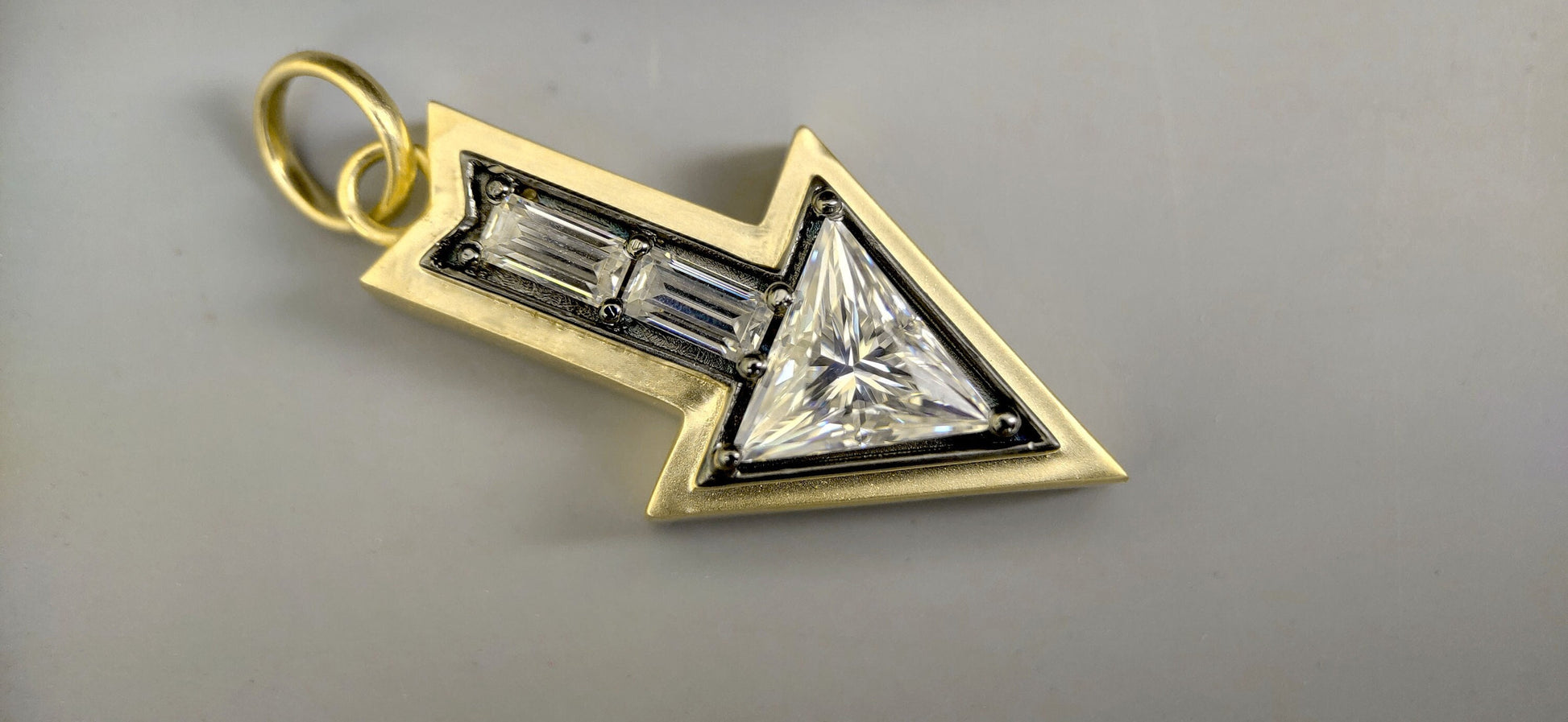 Arrow direction Triangle and baguette Cut Moissanite blackened gold Georgian Pendant without chain, Circa Vintage Arrow Talisman Pendant.