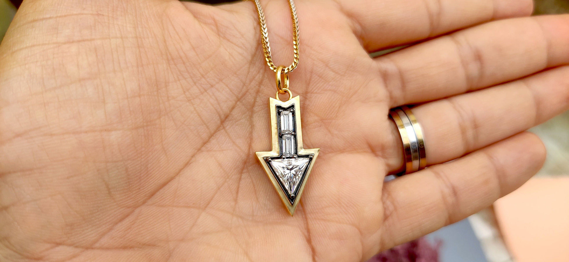 Arrow direction Triangle and baguette Cut Moissanite blackened gold Georgian Pendant without chain, Circa Vintage Arrow Talisman Pendant.